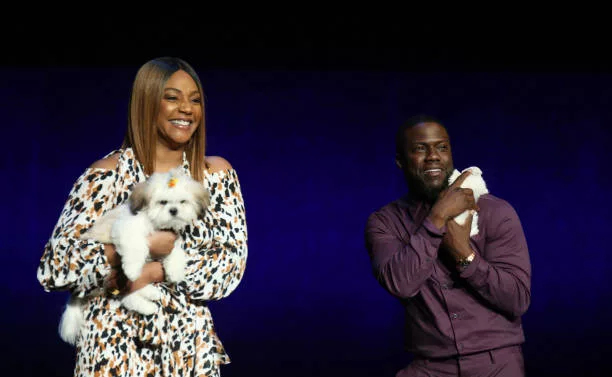 Actors and comedians Tiffany Haddish and Kevin Hart speak during Universal Pictures special presentation during CinemaCon at The Colosseum at Caesars...