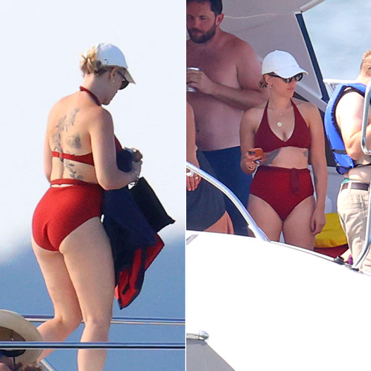 Scarlett Johansson is a beach babe in bold red bikini as she enjoys some fun in the sun with shirtless husband Colin Jost in the Hamptons