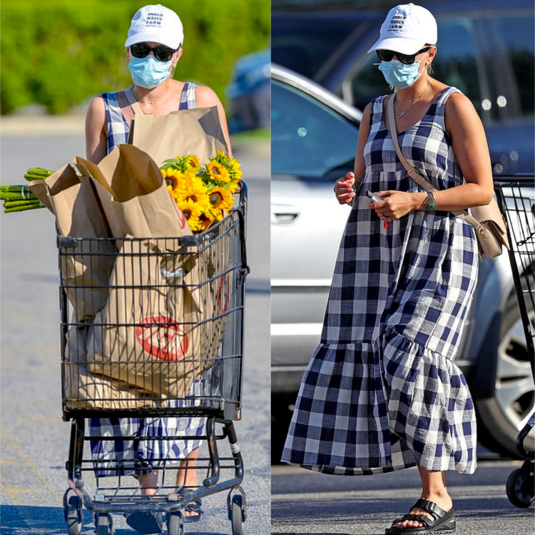 Scarlett Johansson is Hamptons casual in a checkered sundress as she picks up sunflowers from the grocery store